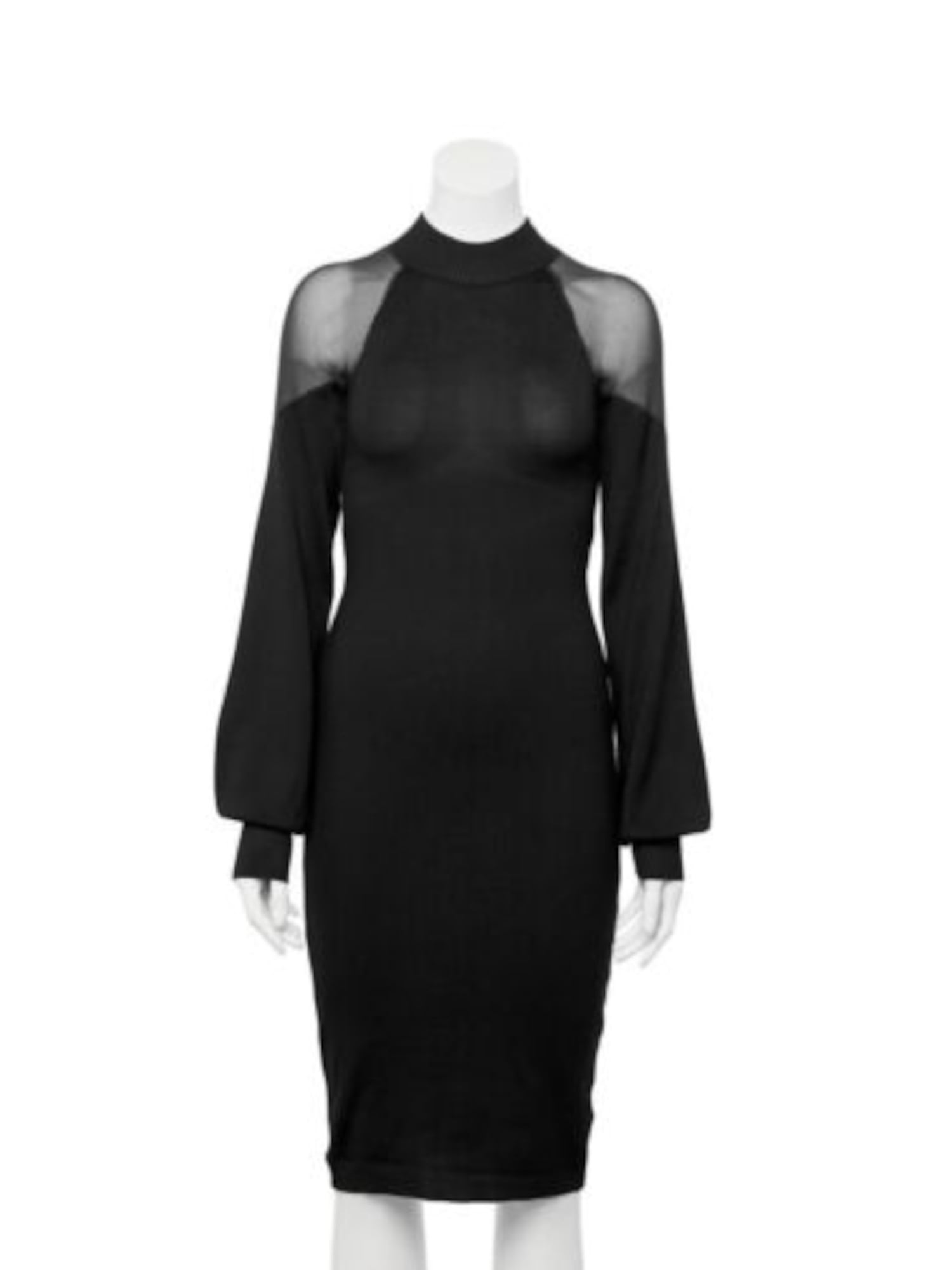 ALMOST FAMOUS Womens Black Sheer Ribbed Blouson Sleeve Mock Neck Midi Party Sheath Dress Juniors