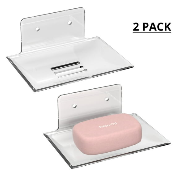Liboer Clear Soap Dish for Bathroom, Sturdy Thick Plastic, No Drilling Wall Mounted, 2 Pack