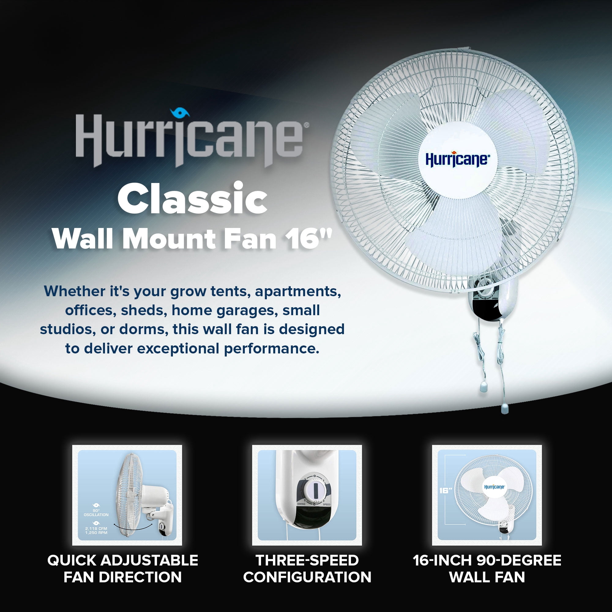 Hurricane Classic 16 Inch 90 Degree Oscillating Wall Fan, White (4 Pack)