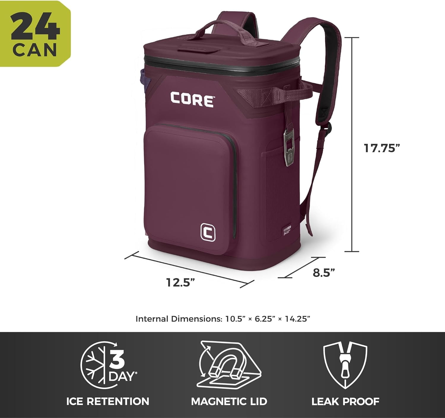 CORE 24 Can Climakeep Magnetic Soft Cooler, Leakproof Cooler, Waterproof Zipper, Mulberry