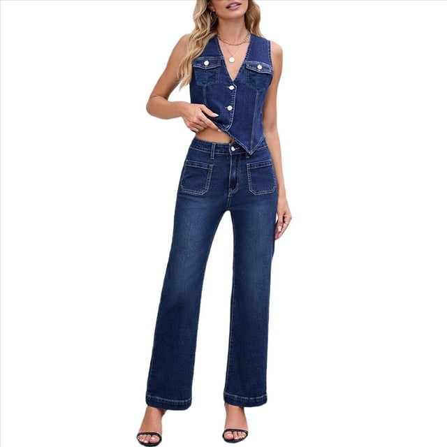 Conjunto de 2 Piezas de Mezclilla para Mujer, Chaleco Vaquero Sin Mangas con Botones, Camisa Y2k, Pantalones Vaqueros de Pierna , Pantalones Palazzo Traje Azul XL