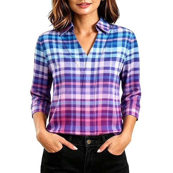 Edvintorg Shirts for Women Trendy V Neck Lightweight Pullover Top 3/4 Length Sleeve Plaid Blouse Plus Size Women Clothes Multicolor M