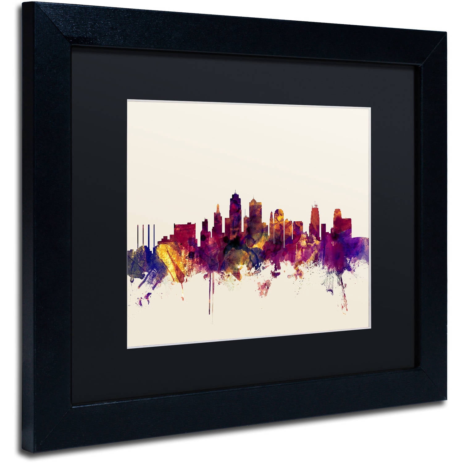 Trademark Fine Art "Kansas City Skyline" Canvas Art by Michael Tompsett, Black Matte, Black Frame