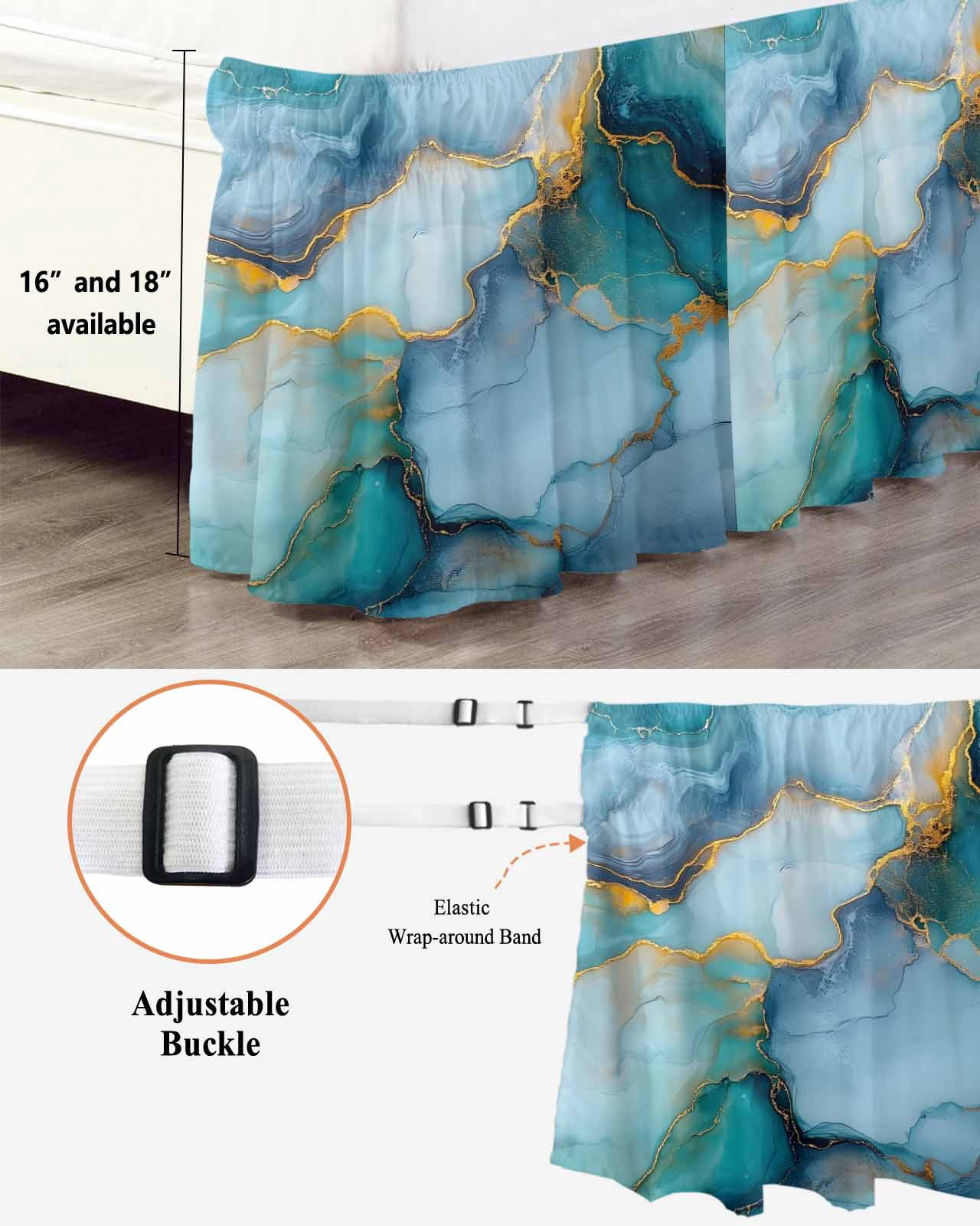 Marble Teal Yellow Wrap Around Bed Skirts for Queen Bed 16" Drop, Bed Skirt with Adjustable Elastic Belt Dust Ruffle Bed Valance for Bedroom Hotel Luxury Abstract Art Ink Painting Bed Frame Cover