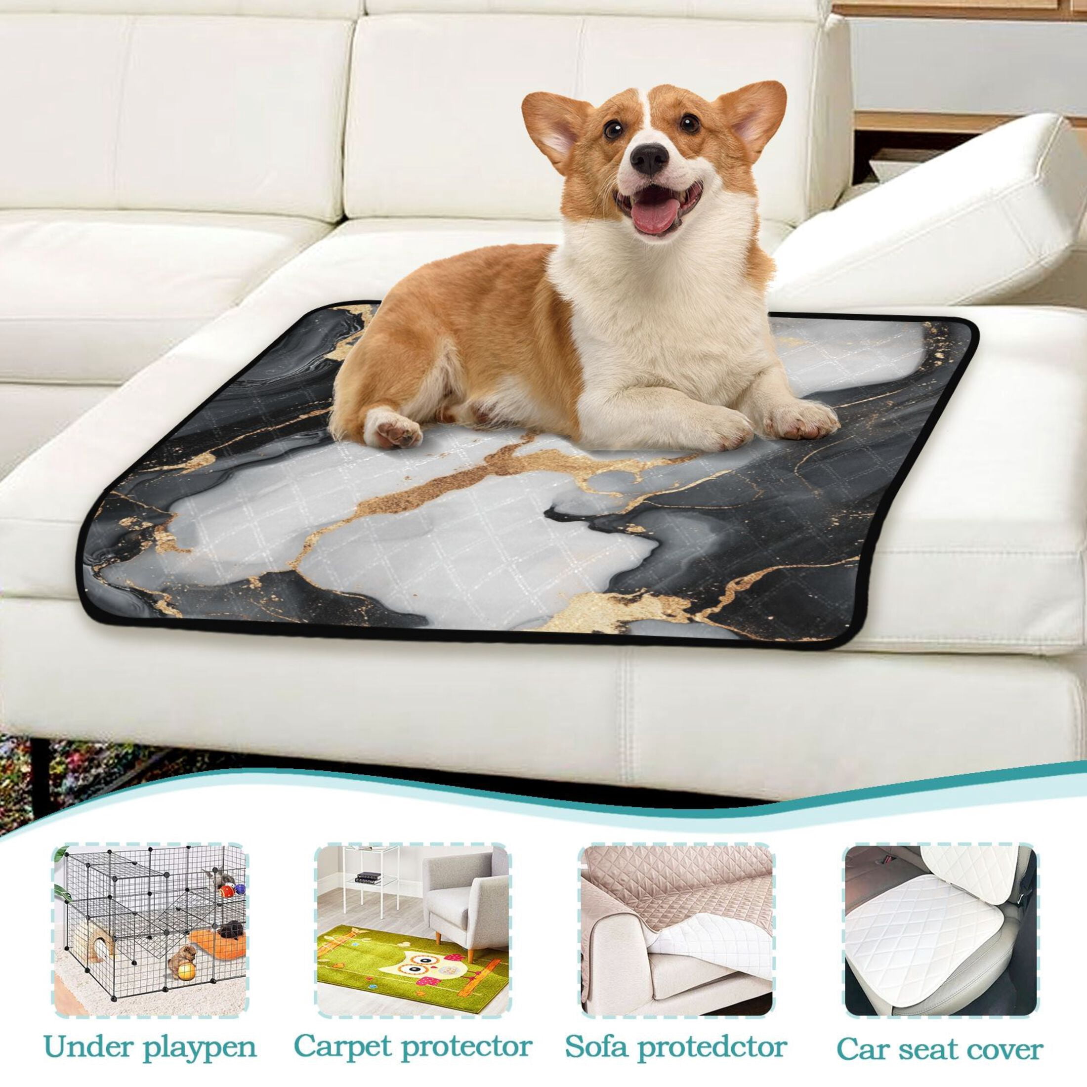 Qxltty Gilt Black Marble Cat litter Pads Pet Set of 3 Diaper Mats Center Anti-leakage Layer Absorbent Soft and Comfortable