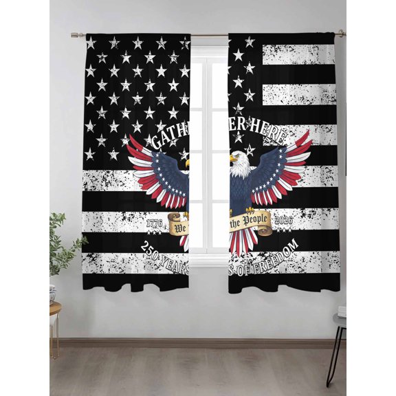 Black White American Flag Sheer Curtains 2 Panels Set July 4th Patriotic Eagle Star Stripe Lihgt Filtering Rod Pocket Voile Drape,Semi Sheer Window Curtains for Bedroom Living Room,52"x63"