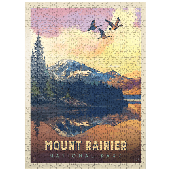 MyPuzzle - Mount Rainier National Park: Daybreak, Vintage Poster - Premium 500 Piece Jigsaw Puzzle for Adults