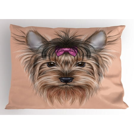 Yorkie Pillow Sham Realistic Computer Drawn Image of Yorkshire Terrier with Cute Ribbon Animal, Decorative Standard Size Printed Pillowcase, 26 X 20 Inches, Salmon Pale Brown, by Ambesonne