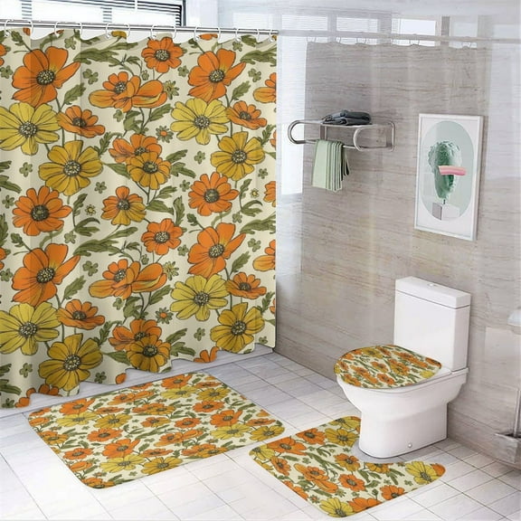 70s Retro Floral Shower Curtain Bathroom Sets Toilet Lid Rug, Bath Mat And Contour Mat, Shower Curtain 4Pcs