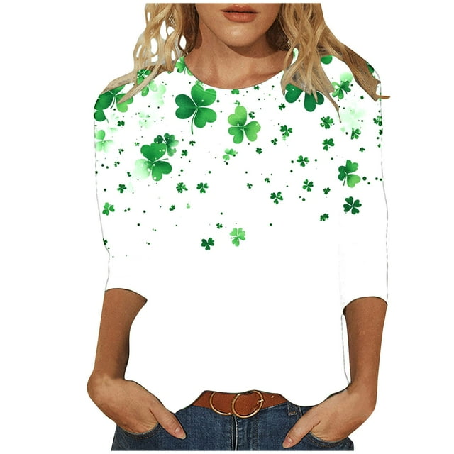 Besolor T-Shirts de la Saint-Patrick pour Femmes 2025 Graphique Trèfle Col Rond Manches 3/4 Hauts Décontractés Grande Taille T-Shirts d'Été