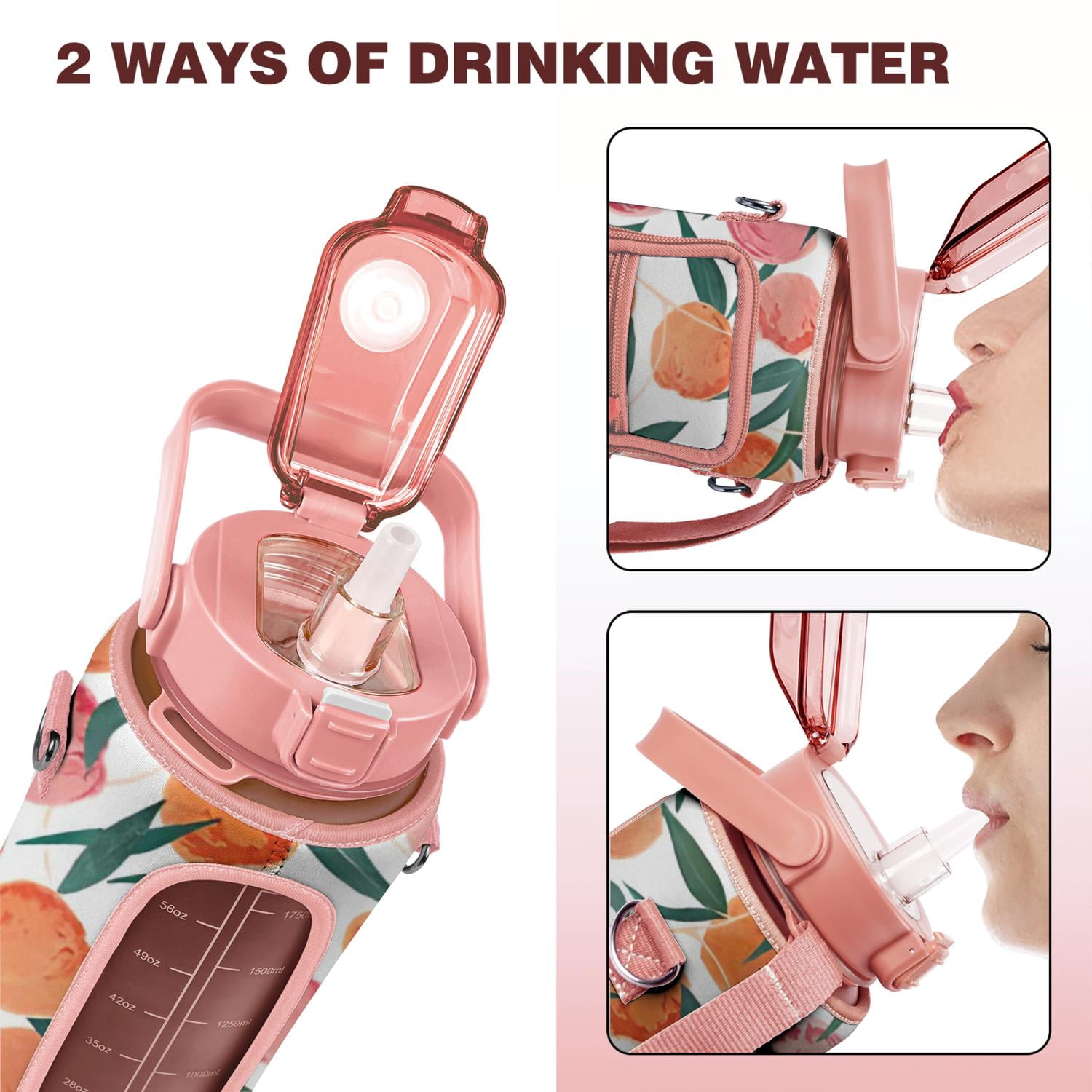 Peach Pink 64 Oz Half Gallon Water Bottle with Sleeve - BPA Free Leakproof Sport Large Plastic Water Bottle with Straw & Time Marker & Insulated Neoprene Holder Carrier Bag Great Gift for Women Men