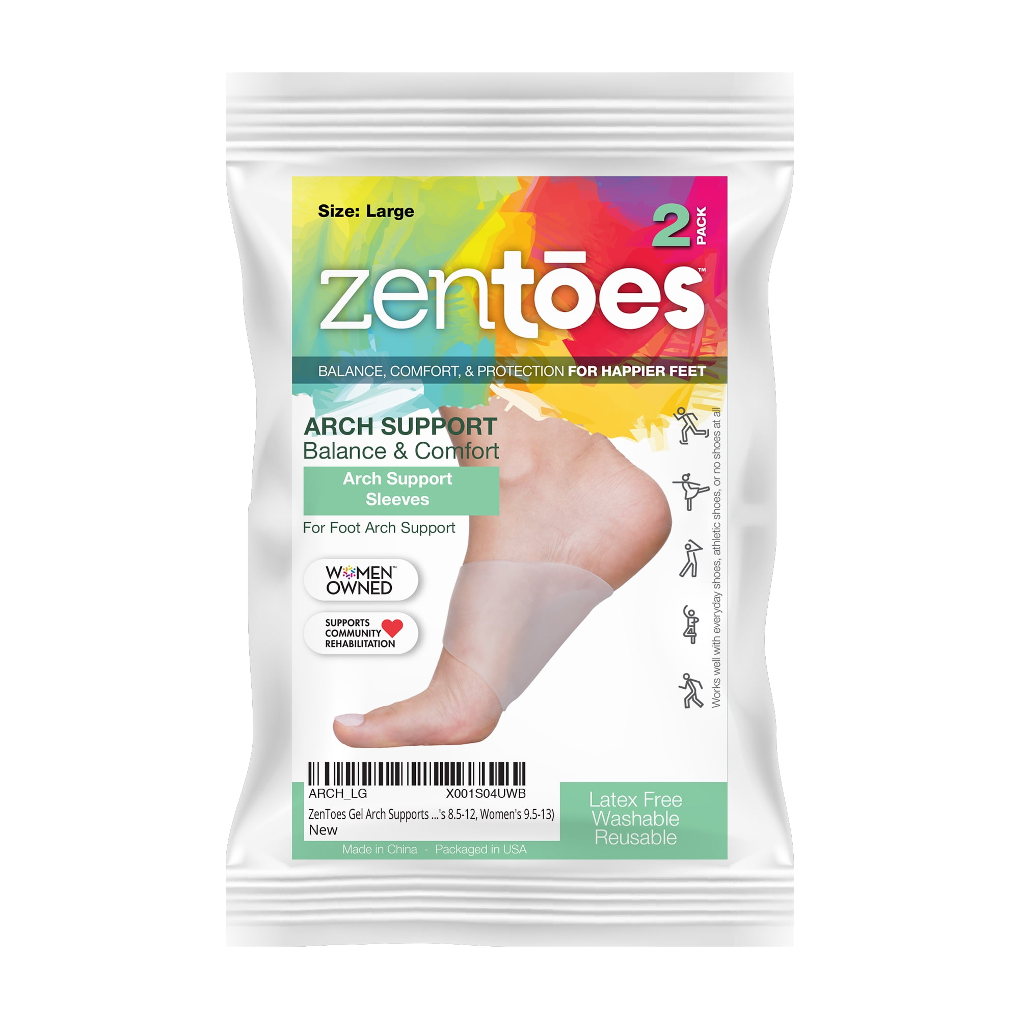 ZenToes Arch Supports for Plantar Fasciitis, Flat Foot, Fallen Arches -  Pair of Gel Insoles for Sandals, Sneakers, Boots, High Heels, Shoes (Large  fit Men's 8.5-12, Women's 9.5-13) - Walmart.com