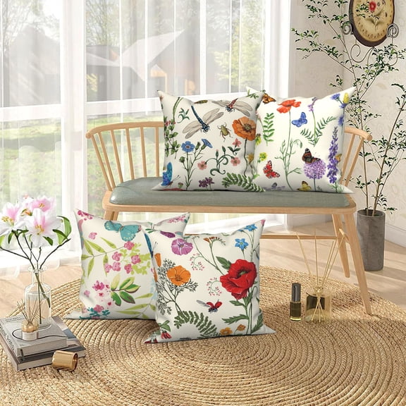 Summer Floral Linen Throw Pillow Covers,Set of 4 18x18 Inch, Wildflower Cushion Cases for Home Decor Sofa Couch Living Room Car