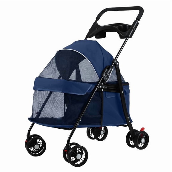 Mohsoe Folding Blue Pet Stroller, Dog Cat Carrier Stroller with High-Strength Frame, Anti-Bite Waterproof Oxford Cloth, Large-View Mesh Windows, Front Rear Skylights, Cup Holder, 37 x 19 x 36 Inch