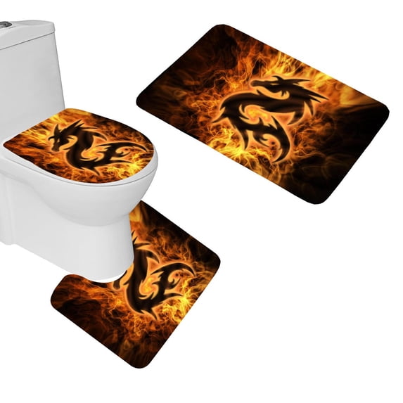 GOHAO Dragon Fire 3 Piece Bathroom Rugs Set Bath Rug Contour Mat and Toilet Lid Cover