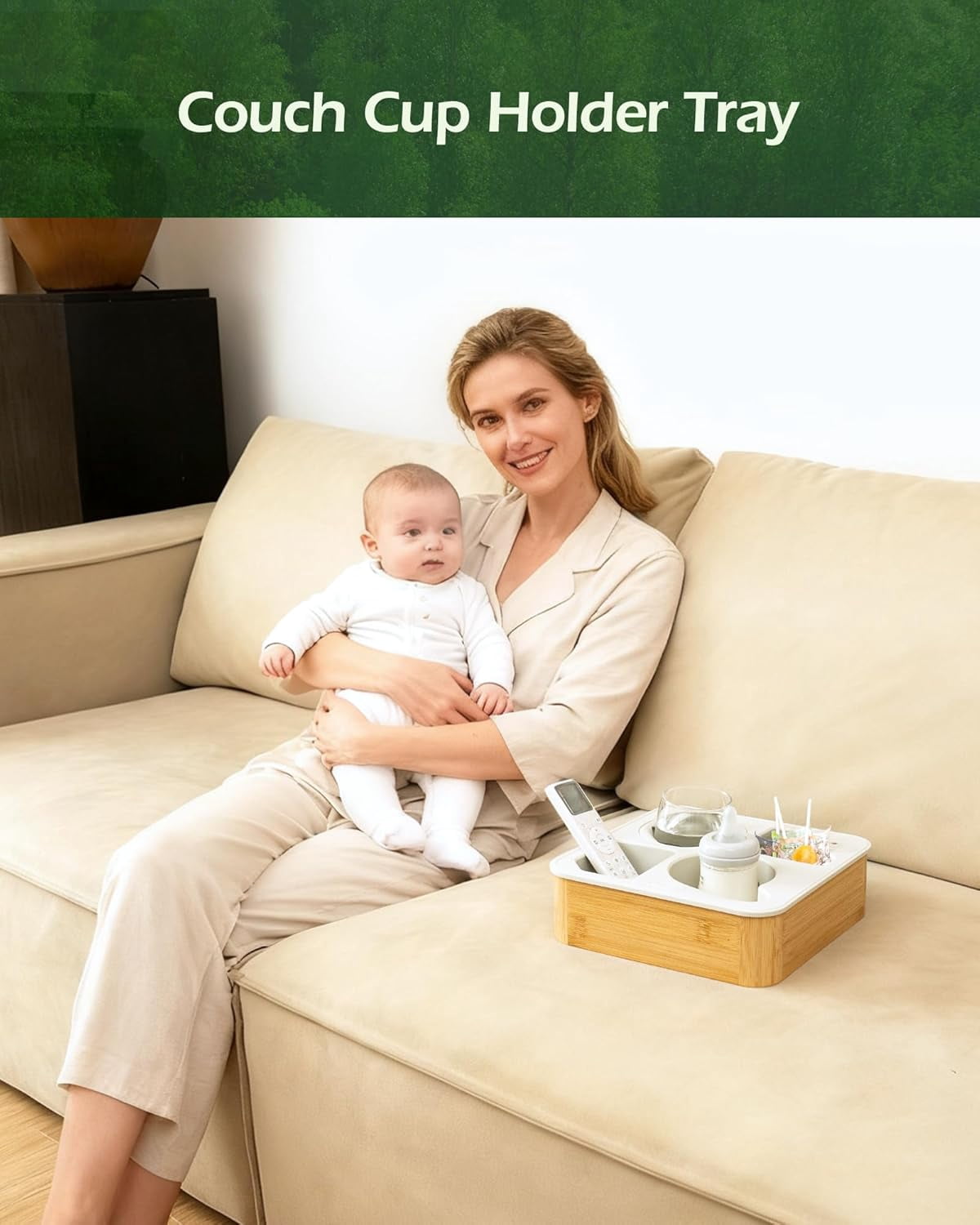 Couch Cup Holder Tray, Bamboo Couch Caddy with Rotatable Phone Holder for Bed Organizer, Waterproof Anti-spill Sofa Cup Holder for Snacks Beverage Remote Grey
