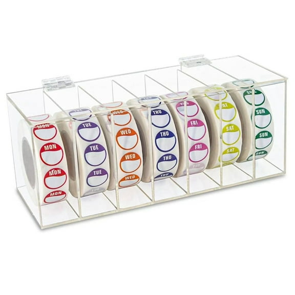 Acrylic Day of the Week Covered Label Dispenser 7-Slot Wall Mount Sticker Roll ()