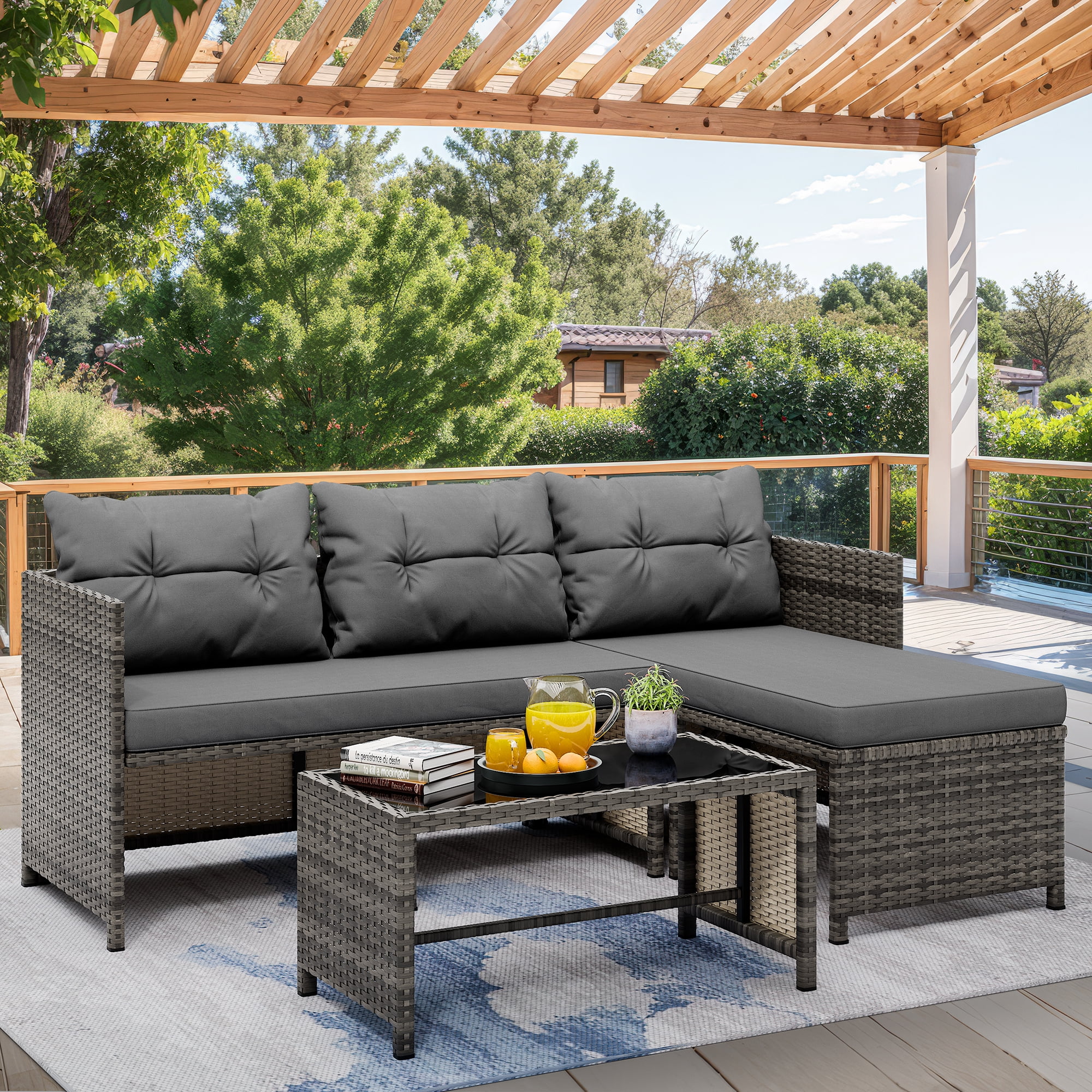 Walsunny 3-Piece Patio Sectional Sofa Set, Durable All-Weather Woven Wicker Outdoor Furniture with Cushions & Glass Coffee Table | Modern Weather-Resistant Design for Garden, Deck, Backyard(Gray)
