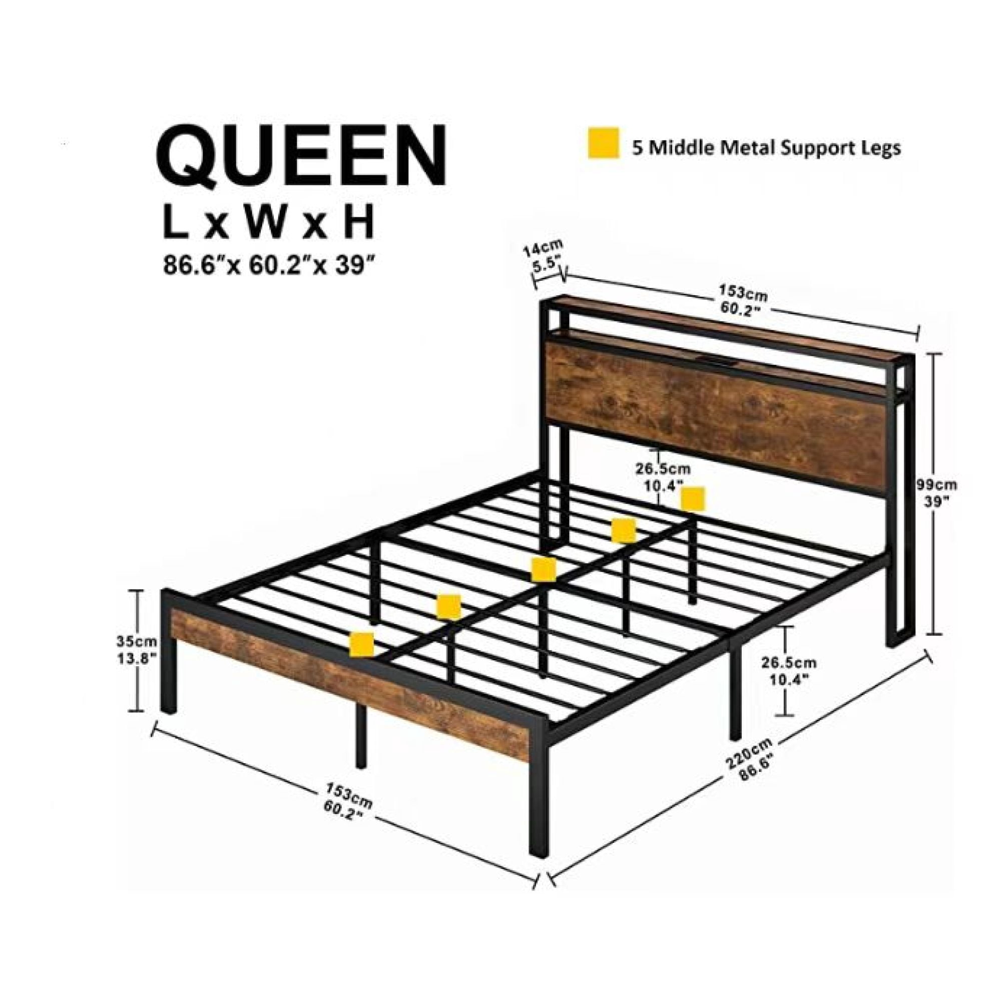 Leumius Queen Size Bed Frame with USB,Metal Platform Bed Frame with Wooden Headboard and Footboard,No Box Spring Needed,Large Under Bed Storage,Easy Assemble,Black