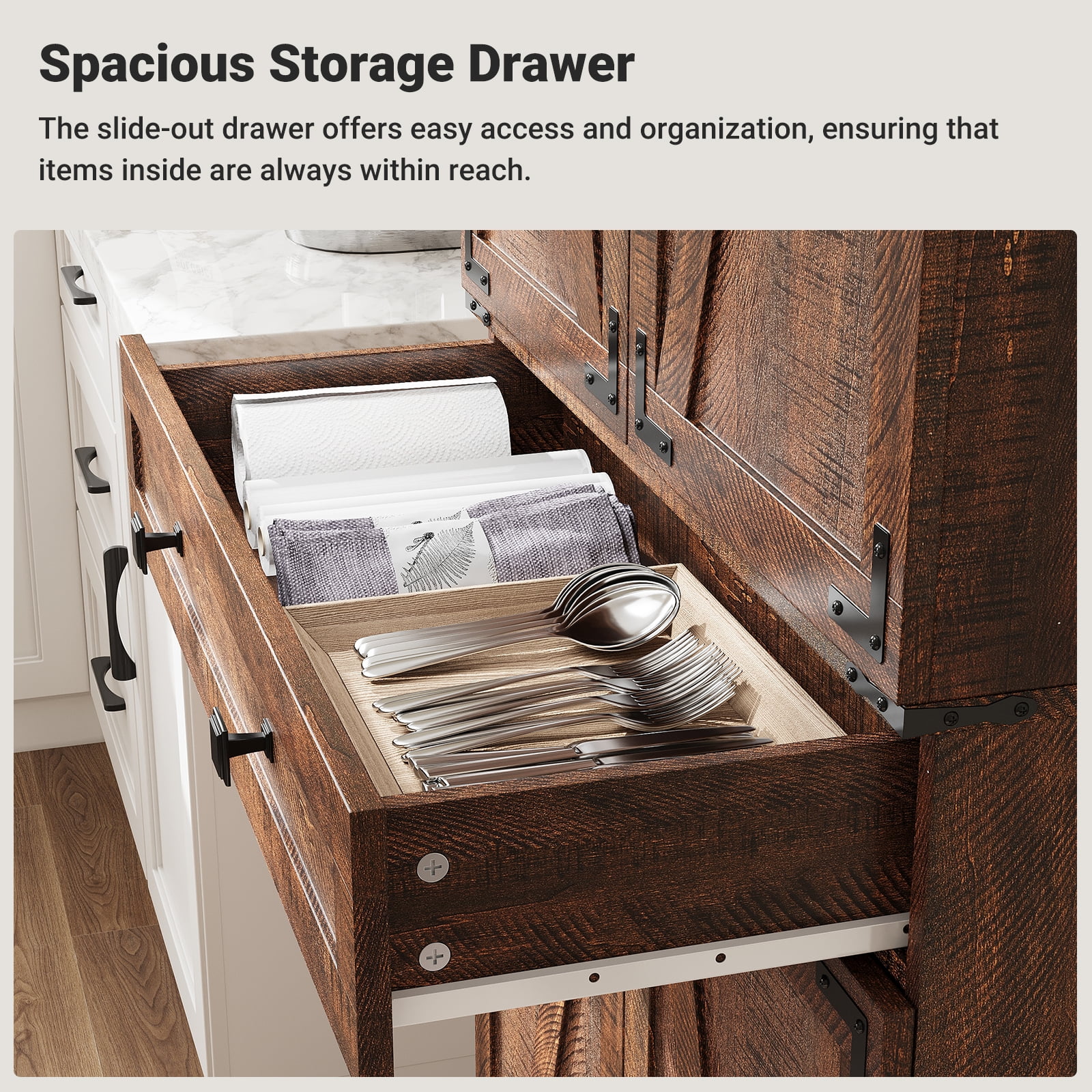 ELYKEN 72" Kitchen Pantry Storage Cabinet with Adjustable Shelves and Drawer, Rustic Brown