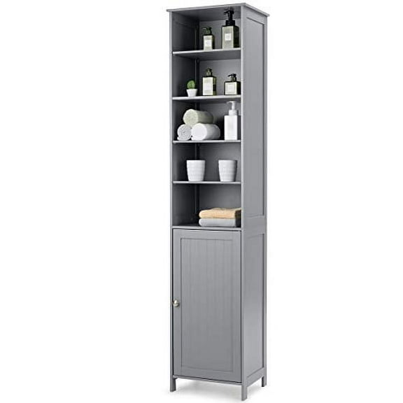 GLACER 72” Tall Storage Cabinet, Bathroom Floor Cabinet with Adjustable Shelves, Space Saving Narrow Storage Cabinet with Open Compartment & Storage Space with Door, 16 x 13.5 x 72 inches (Grey)