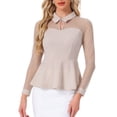 thumbnail image 1 of Blusa de malla transparente para mujer INSPIRE CHIC con cuello de solapa, abertura en forma de llave y peplum con volantes XL Beige, 1 of 6