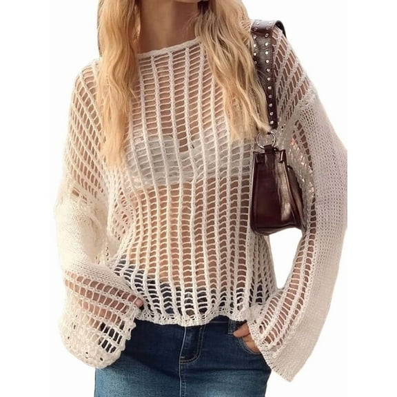 Crochet Cover Ups for Women Hollow Out Swim Cover Up Knit Summer Outfits White M