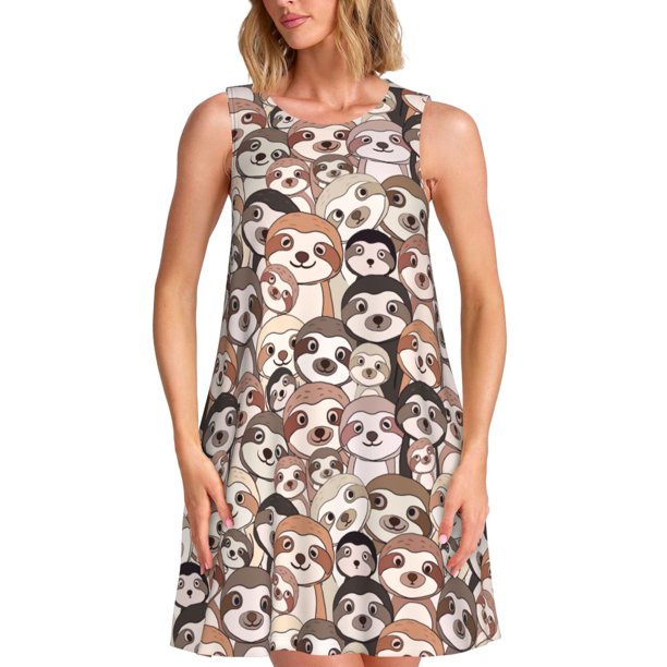 Fotbe Brown Sloth Vestido de Verano sin Mangas para Mujer – Vestido Midi Línea A, Estilo Camiseta Floral, Vestido Playero Casual y Fluido