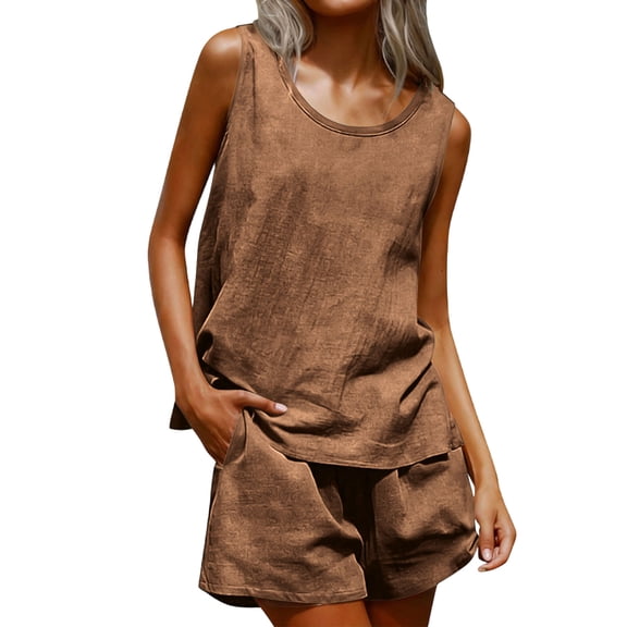 Aofany Cotton Linen Sets for Women 2 Piece Set Sleeveless Round Neck Tank Top and Shorts Casual Loose Summer Outfits with Pockets