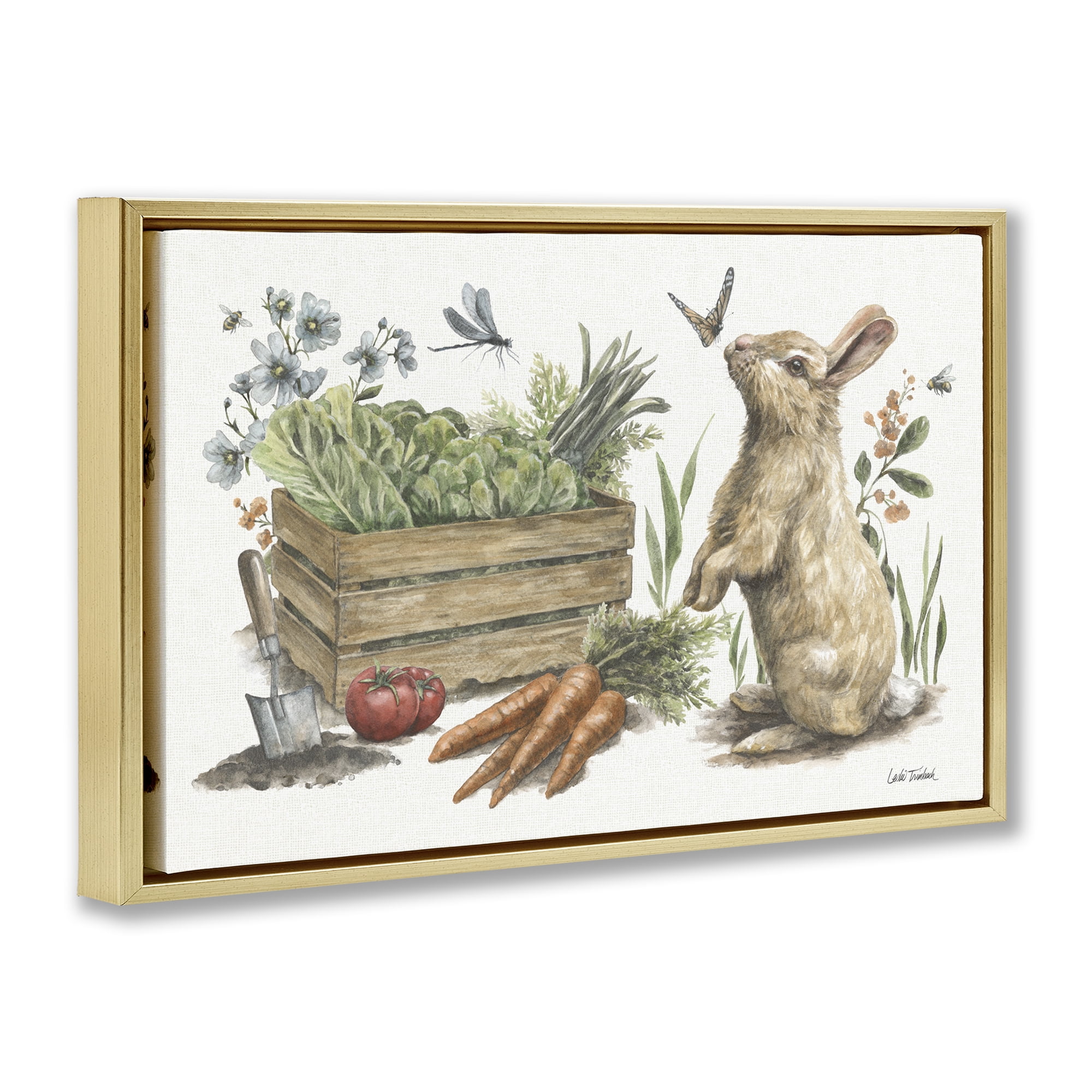 Stupell Industries Gardening Bunny Scene Botanical & Floral Painting Gold Floater Framed Canvas Art Print Wall Art, 31 x 21