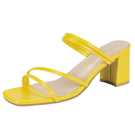 

Mortilo Fashion Summer Women Sandals Thick Heel Middle Heel Thin Strap Solid Color Casual Style PU sandals for Women Yellow
