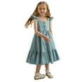 thumbnail image 1 of Robe pour Bébé Fille Été Sans Manches Décontractée Robe Boutonnée Mode à Volants Robe Bleue 5 Ans-6 Ans, 1 of 5