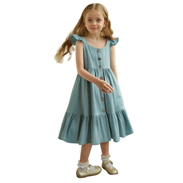 Robes pour Filles Petite Fille Été Sans Manches Robe Décontractée Enfants Tout-Petit Boutonnée Mode Robe Soleil à Volants Robes Bébé Bleu 1 An-2 Ans