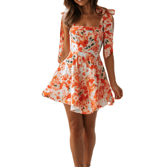 Gupgi Robe Mini Fleurie pour Femme Orange Sans Manches à Bretelles à Nouer Robes Fluides Robes d'Été