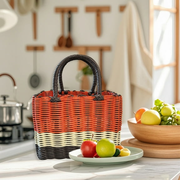 Hand Woven Plastic Storage Basket, Storage Bin with Handle, Multifunctional Storage Box for Home Organization, Bathroom, and Shopping, Brown, by FAJHHA