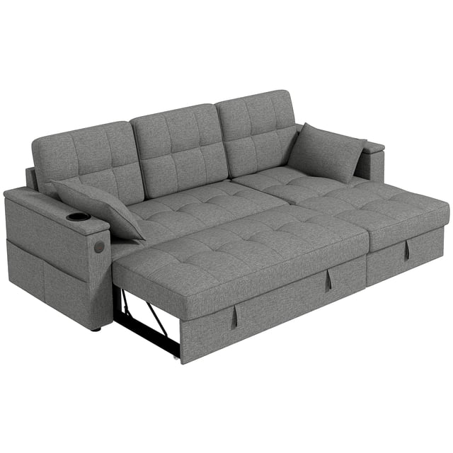 CoSoTower Canapé Sectionnel Convertible, Canapé-Lit Escamotable avec USB‐A+C, Rangement dans la Méridienne, Futon en L, Gris