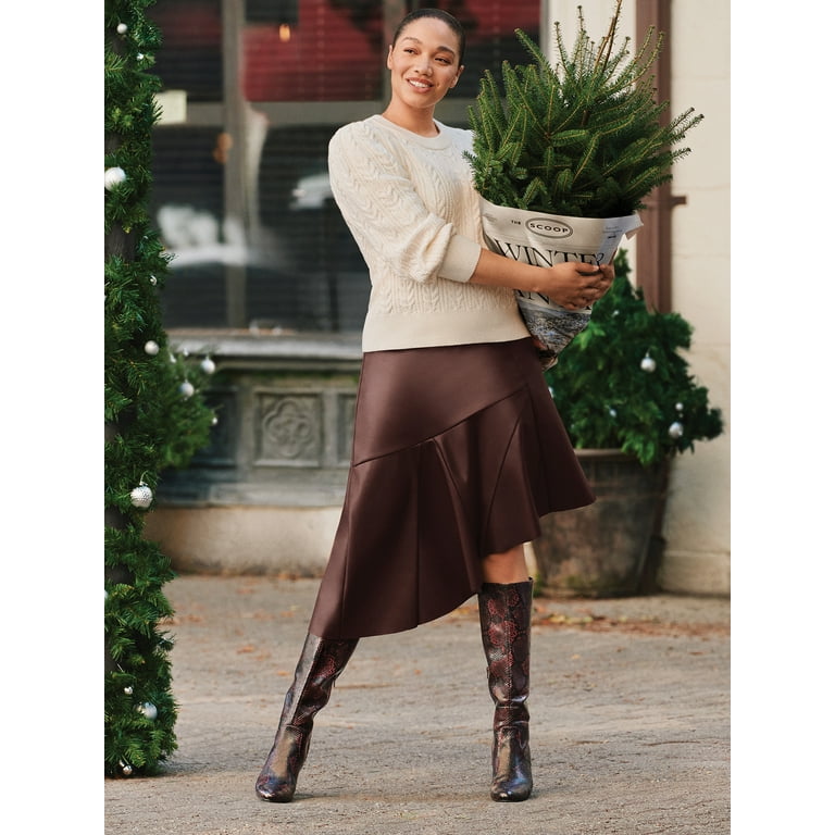 Scoop Women\'s Faux Leather Asymmetrical Midi Skirt, Sizes XS-XXL