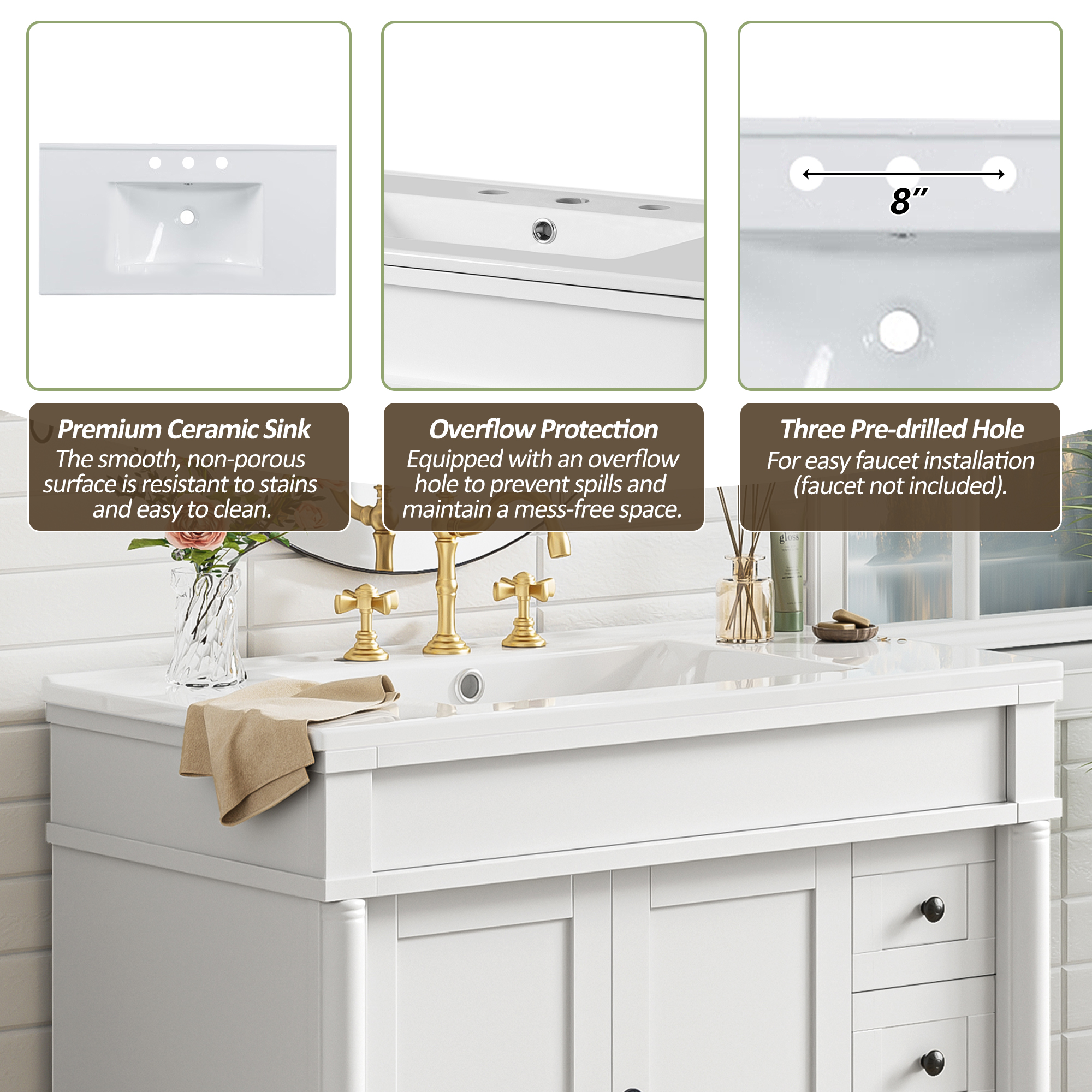 Euroco 36" Bathroom Vanity with Ceramic Sink, Standard Drawers, Soft Close Doors, Adjustable Shelves, Modern Storage Cabinet for Small and Medium Bathrooms