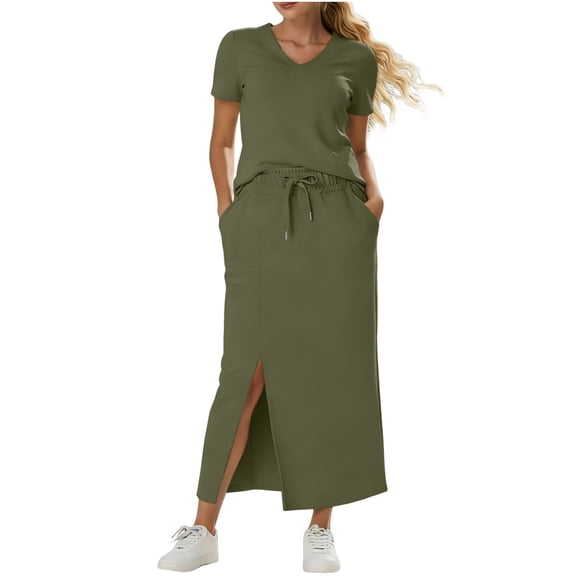 Lutiedan Womens 2 Piece Long Skirt Sets V Neck Short Sleeve Tops and Side Slit Stretchy Drawstring Skirt Set Summer Casual Vacation Outfits