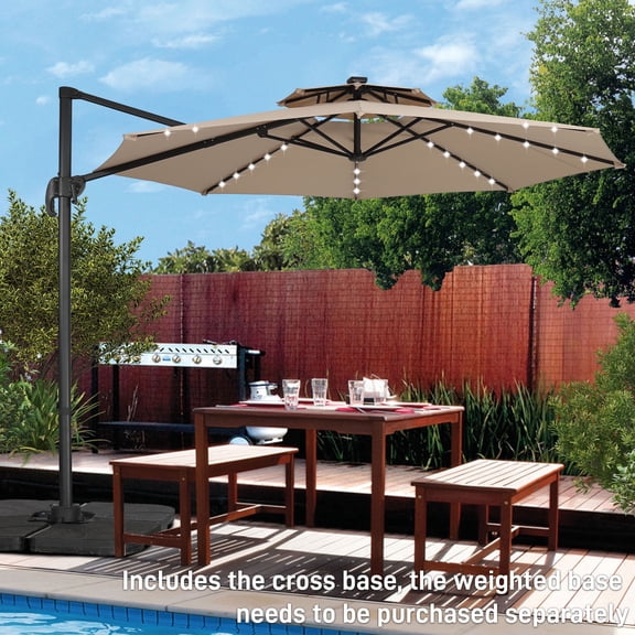 Autlaycil 10 FT Aluminum Offset Outdoor Cantilever Umbrella with 35 Solar Lights, and 360-degree Rotation, 2-Tier Patio Umbrella - Khaki