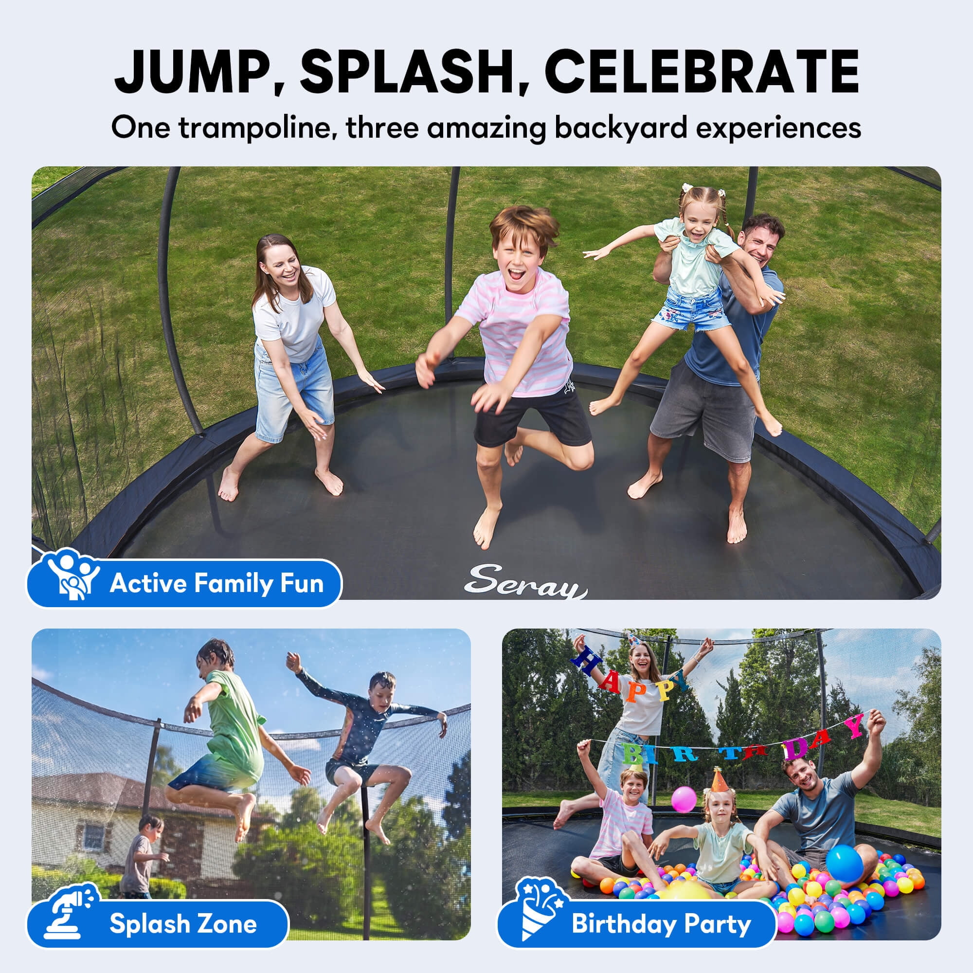 SERAY 10FT, 12FT, 14FT Outdoor Trampoline with Safety Enclosure Net, Ladder and Rust-Resistant Frame, ASTM Certified Backyard Trampoline for Kids and Adults