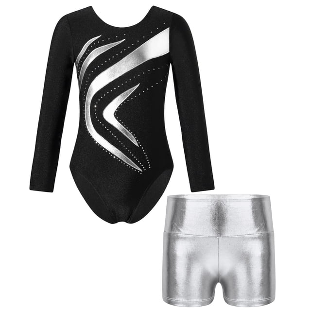 TiaoBug Girls 2Pcs Rhinestone Tracksuit Long Sleeve Gymnastics Dance Outfit Leotard with Shorts Unitard C07 12