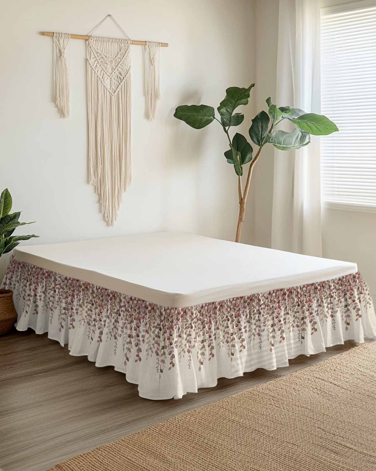 Eucalyptus Leaf Bed Skirt Queen Size 18 Inch Drop, Country Red Leaves Flora Plant Linen Texture Adjustable Elastic Dust Ruffles Bedskirt for Queen Bed Wrap Around Pleated Mattress Frame Cover