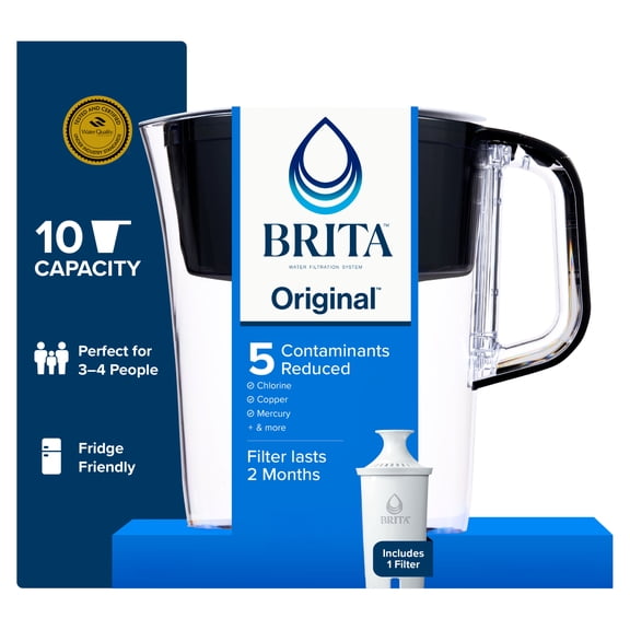 Brita 10 Cup Large Plastic Water Filter Pitcher, Black, BPA Free with 1 Standard Brita Filter