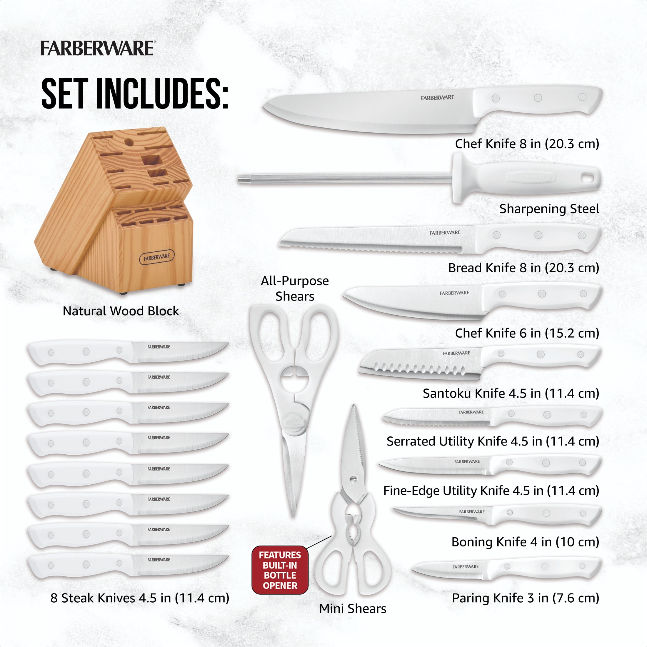 Farberware 20-Piece Triple Riveted Cutlery Knife Block Set with Kitchen Shears, White