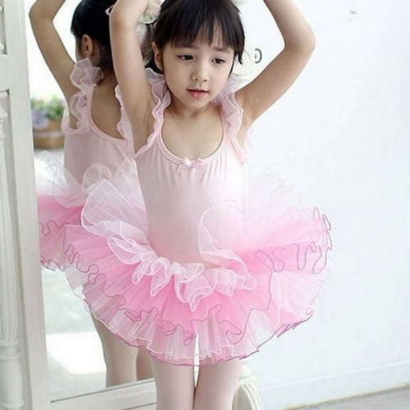 SPRING PARK Little Girls' Princess Ruffled Mesh Ballet Dancing Pink Bow Tiered Dress Dancewear