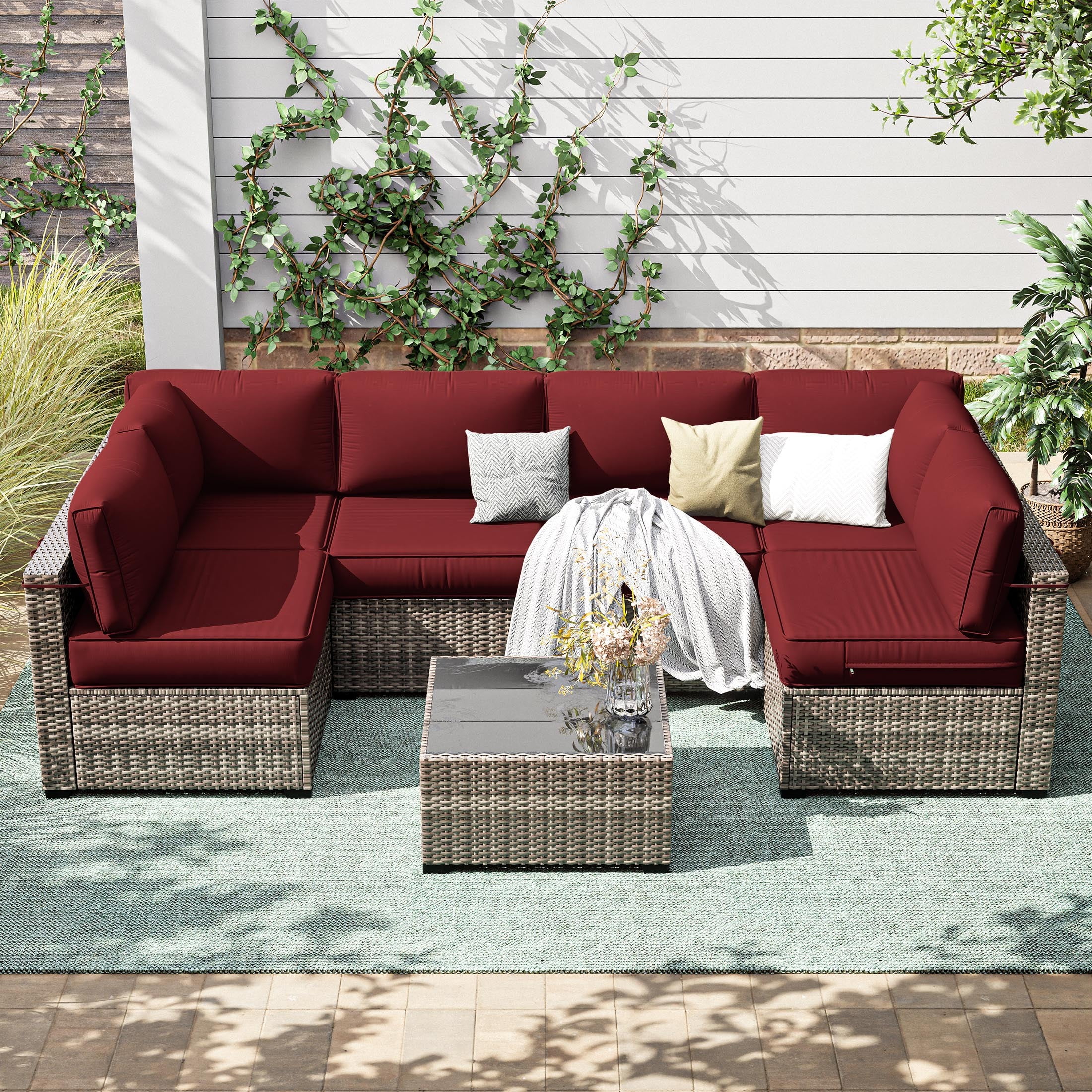 Snubbull 6-Seat Sectional Outdoor Patio Replacement Cushions Set, 25.5" x 25.5", 5" Foam High-Density, 14-Piece Water-Resistant Outdoor Cushion for Patio Conversation Sets, Liner&Cover, Burgundy