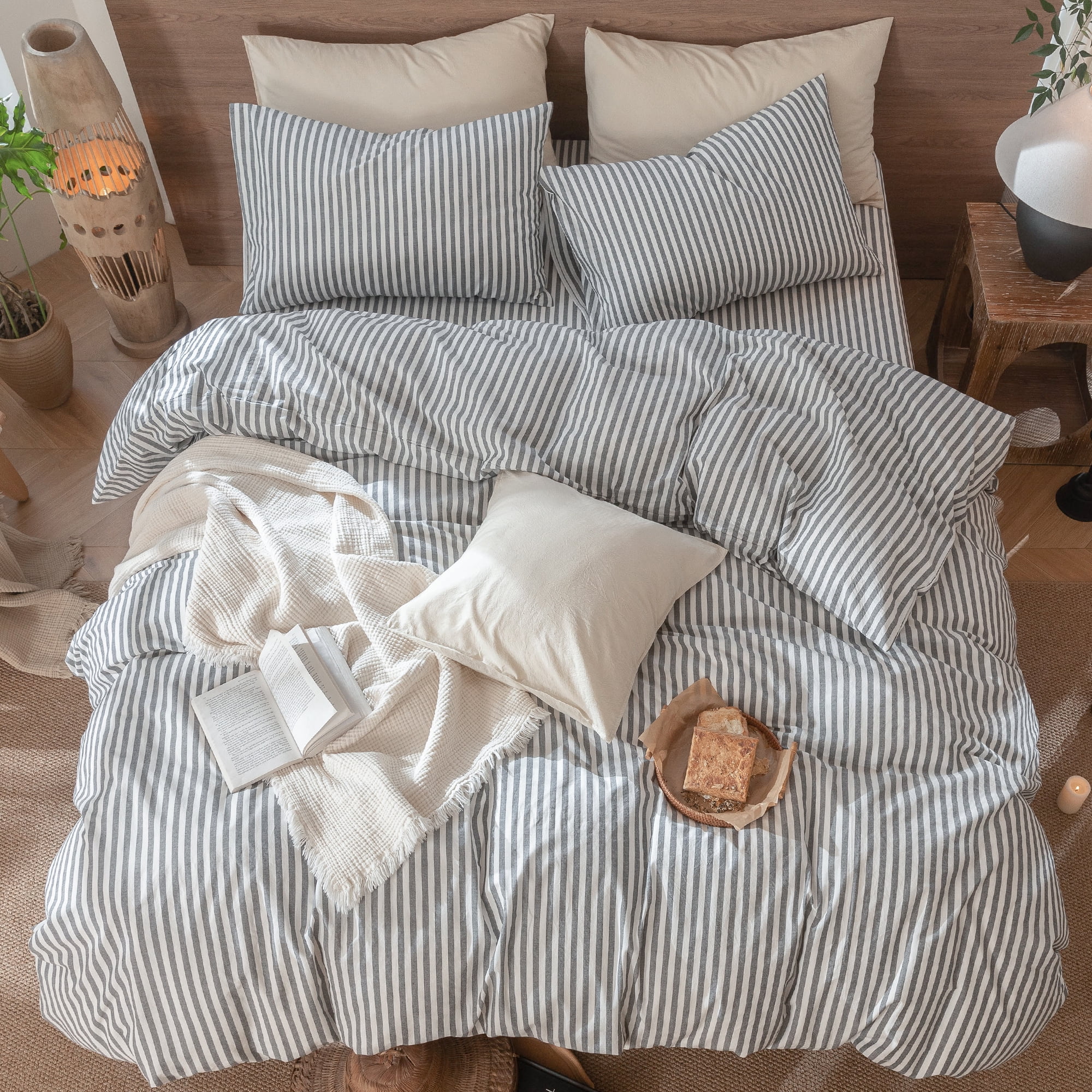MooMee Striped Duvet Cover Set Cal-King 100% Washed Cotton Linen Like Textured Breathable 3-Piece (Dark Grey& White Classic Stripes)