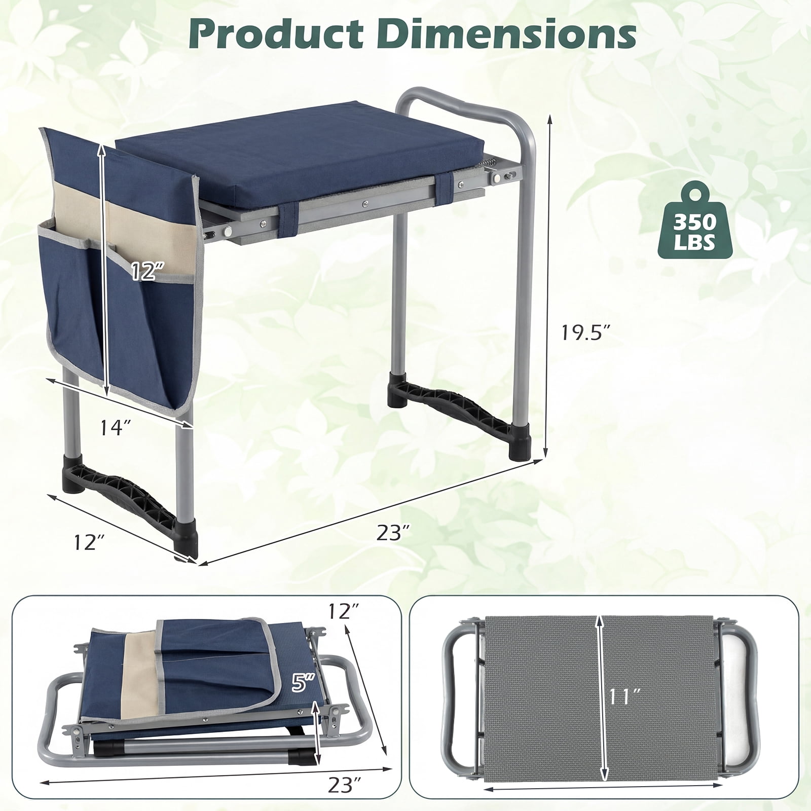 Costway Foldable Garden Kneeler and Seat, 2-in-1 Gardening Bench, Detachable EVA Foam Pad Navy Blue