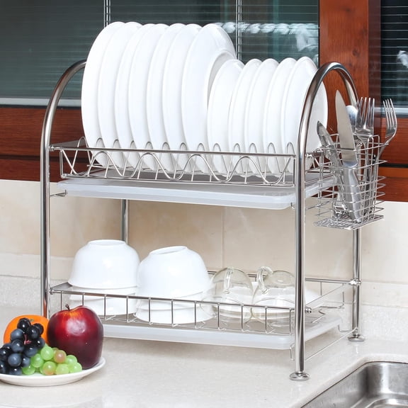 Foreign Dish Drying Rack, 2 Tier Large Stainless Steel Dish Rack with Drainboard Dish Drainer Over Sink Dish Drainer for Kitchen Counter,Silver